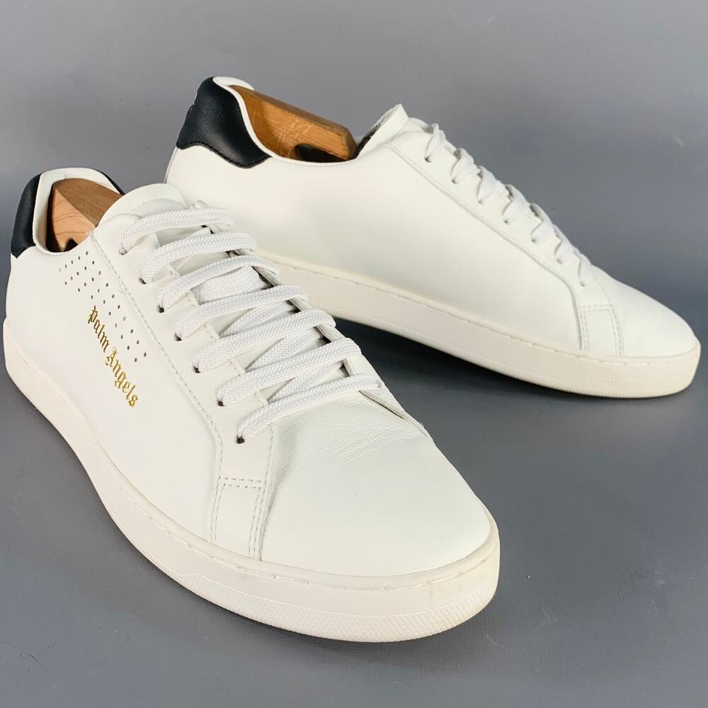 PALM ANGELS Size 9 White Black Leather Lace-Up Low Top Sneakers